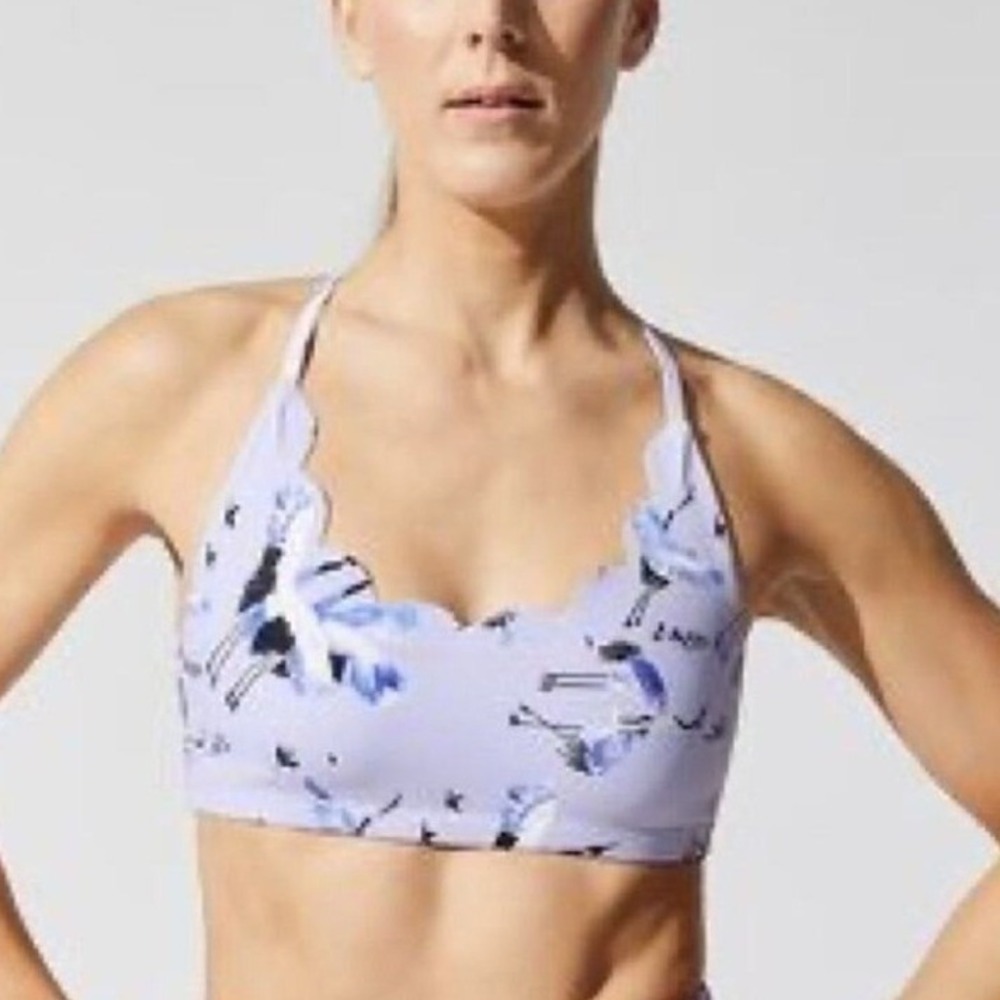 Carbon38 XS Scalloped Racerback Sports Bra Lavender Blue Crane Bird Print‎